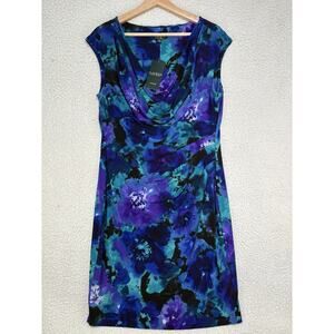 NWT Ralph Lauren Floral Sheath Dress Size 16 Cowl Neck Blue Green Purple Career
